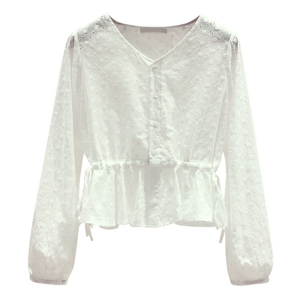 Modernūs moteriški marškiniai su ovalia iškirpte, sagomis ir juosmens raiščiais