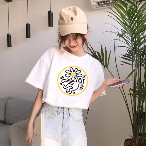 Tricou dama cu imprimeu, decolteu oval si maneci scurte