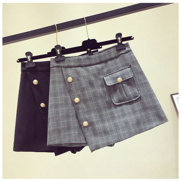 Modernus moteriškas languotas sijonas-kelnės su sagomis ir kišene