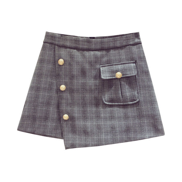 Modernus moteriškas languotas sijonas-kelnės su sagomis ir kišene