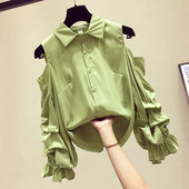 Naujo modelio moteriški marškiniai klasikine apykakle ir apnuogintais pečiais