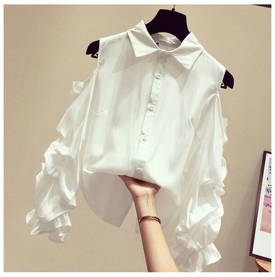 Naujo modelio moteriški marškiniai klasikine apykakle ir apnuogintais pečiais