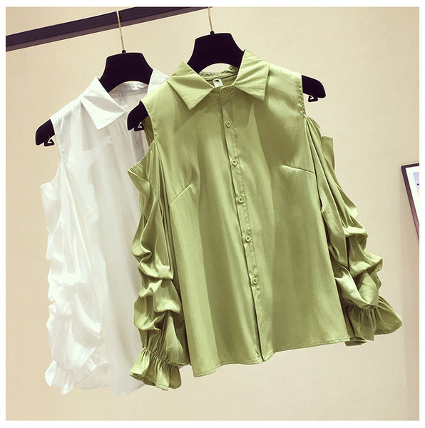 Naujo modelio moteriški marškiniai klasikine apykakle ir apnuogintais pečiais