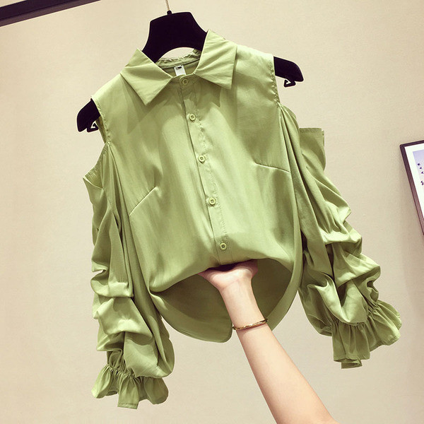 Naujo modelio moteriški marškiniai klasikine apykakle ir apnuogintais pečiais