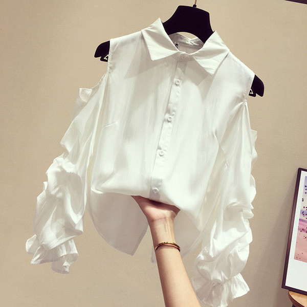 Naujo modelio moteriški marškiniai klasikine apykakle ir apnuogintais pečiais