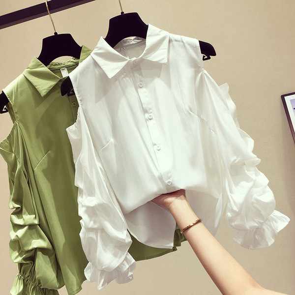 Naujo modelio moteriški marškiniai klasikine apykakle ir apnuogintais pečiais