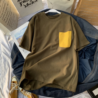 Sieviešu kokvilnas T-krekls ar īsām piedurknēm un krāsainu kabatu