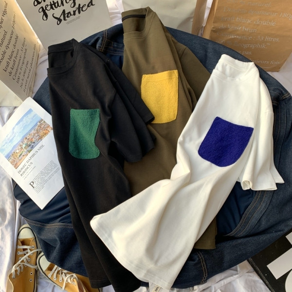 Sieviešu kokvilnas T-krekls ar īsām piedurknēm un krāsainu kabatu