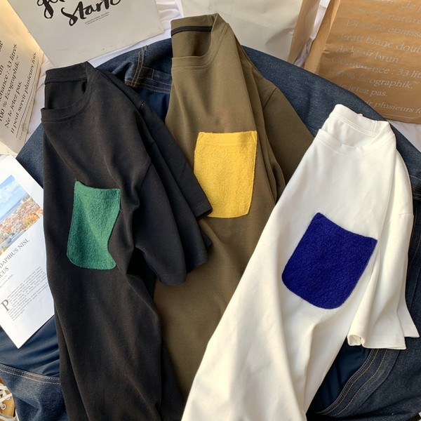 Sieviešu kokvilnas T-krekls ar īsām piedurknēm un krāsainu kabatu