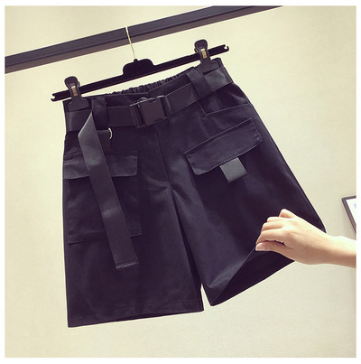 Къси дамски панталони с колан и джобове висока талия