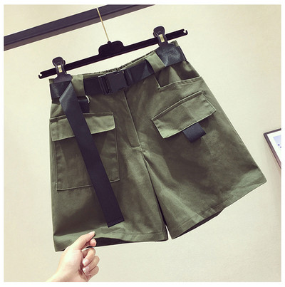 Къси дамски панталони с колан и джобове висока талия