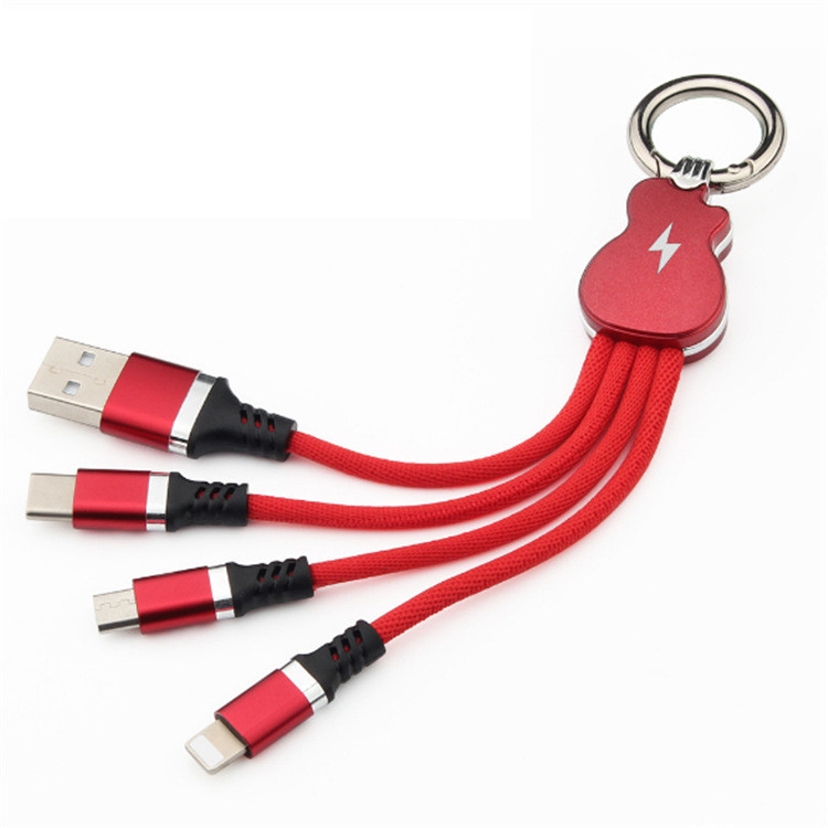 Многофункционален кабел 3 в 1 Micro usb + Type - C + Type Lighting за бързо зареждане и синхронизиране на данни с ключодържател в червен цвят