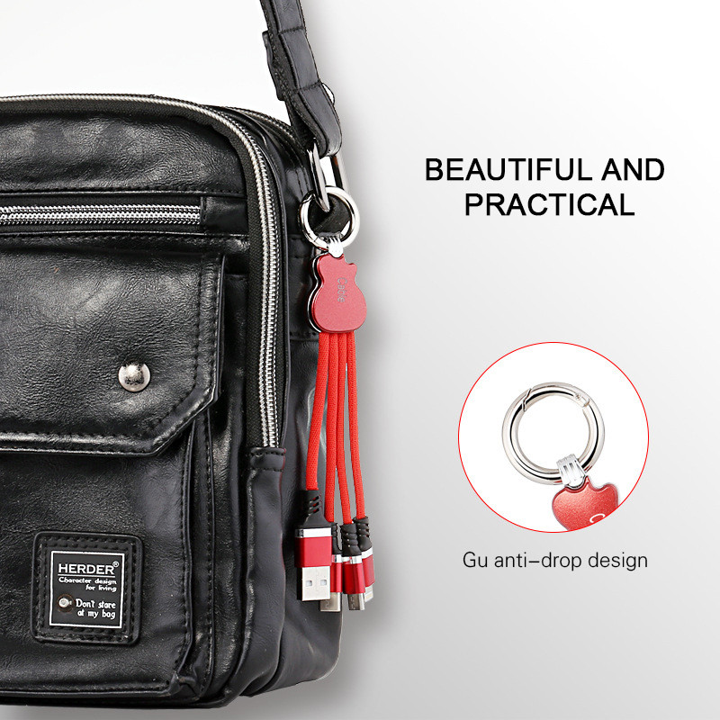 Daugiafunkcis kabelis 3 in 1 Micro usb + Type - C + Type Apšvietimas greitam įkrovimui ir duomenų sinchronizavimui su raudonu raktų pakabuku