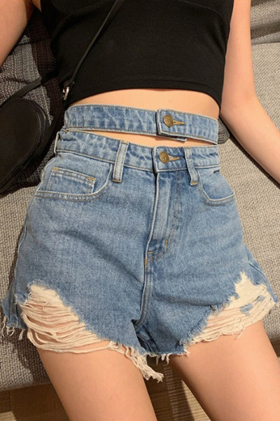 Džinsiniai šortai aukštu liemeniu su plėšytais motyvais