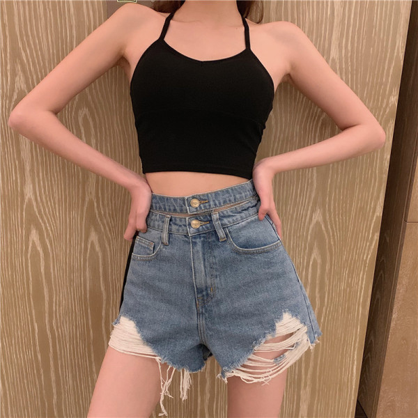 Džinsiniai šortai aukštu liemeniu su plėšytais motyvais