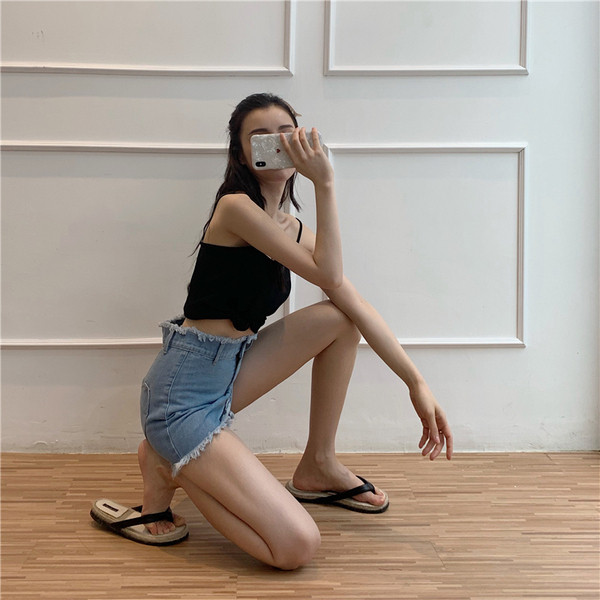 Ikdienas sieviešu džinsa šorti ar augstu vidukli