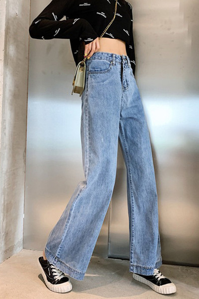 Šviesios spalvos platūs moteriški džinsai aukštu juosmeniu