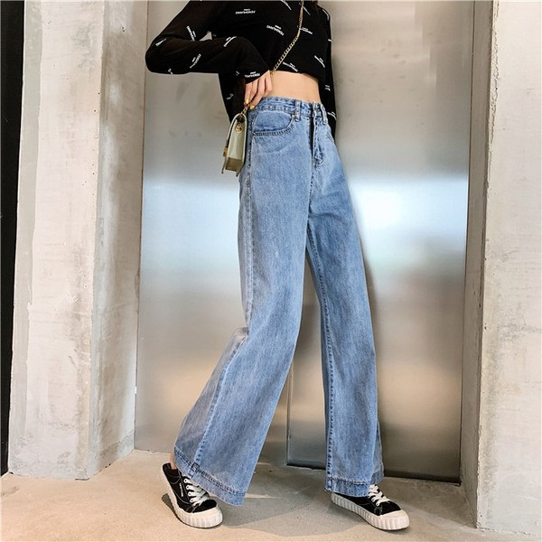 Šviesios spalvos platūs moteriški džinsai aukštu juosmeniu