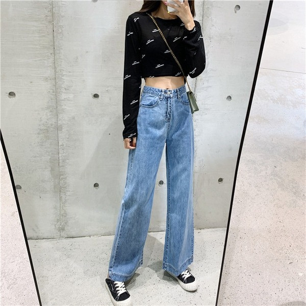 Šviesios spalvos platūs moteriški džinsai aukštu juosmeniu