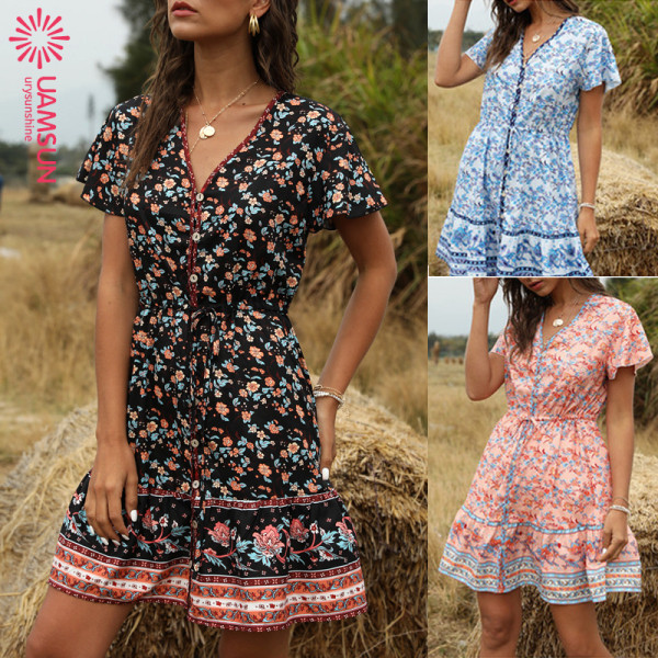 Ежедневна дамска къса рокля с флорален десен и къс ръкав 