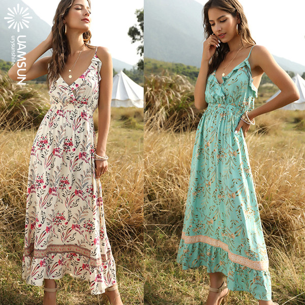 Ежедневна дамска дълга рокля с флорален десен и тънки презрамки 