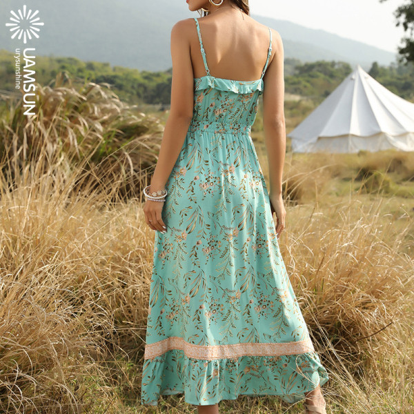 Ежедневна дамска дълга рокля с флорален десен и тънки презрамки 