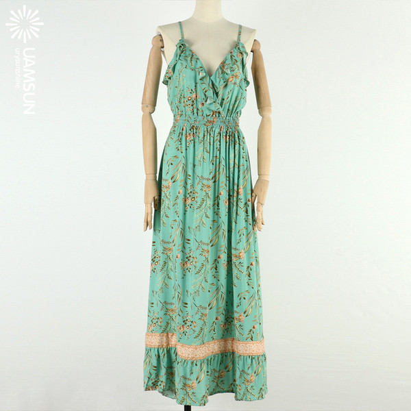 Ежедневна дамска дълга рокля с флорален десен и тънки презрамки 