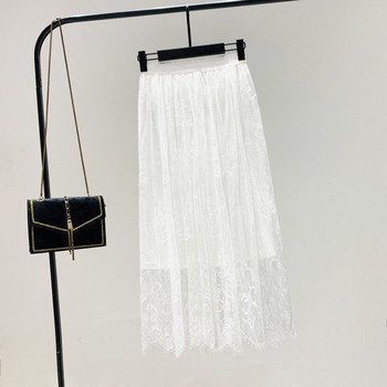 Модерна дамска дантелена пола с висока талия в бял цвят