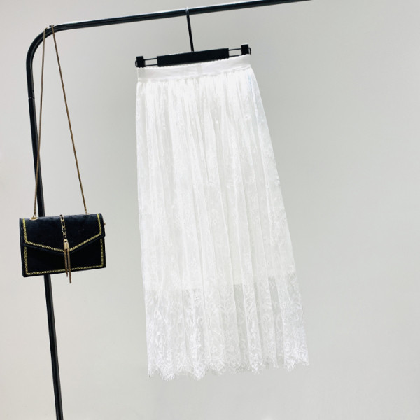 Модерна дамска дантелена пола с висока талия в бял цвят