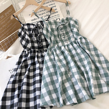 Карирана дамска рокля с тънки презрамки и връзки