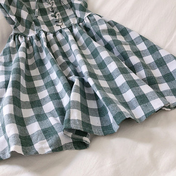 Карирана дамска рокля с тънки презрамки и връзки