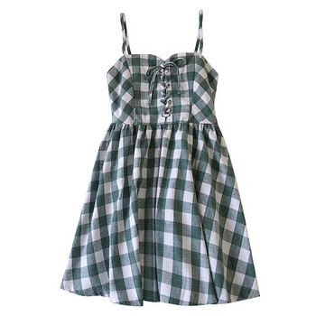 Карирана дамска рокля с тънки презрамки и връзки