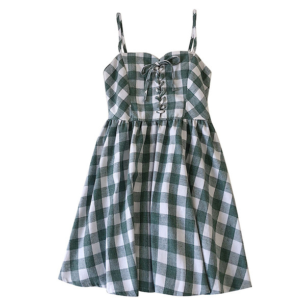 Карирана дамска рокля с тънки презрамки и връзки 