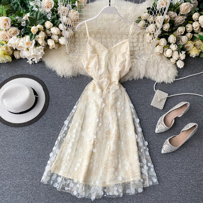 Стилна дамска рокля на точки с тънки презрамки