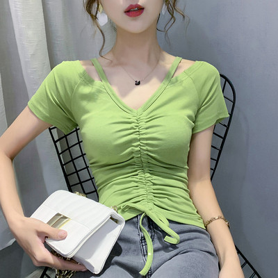 Ежедневна дамска блуза с шпиц деколте,връзки и къс ръкав