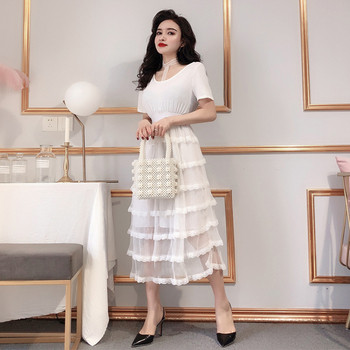 Модерна дамска рокля с обло деколте и къс ръкав