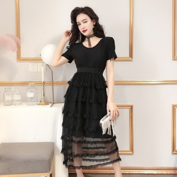 Модерна дамска рокля с обло деколте и къс ръкав