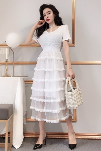 Модерна дамска рокля с обло деколте и къс ръкав