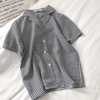 Ретро дамска карирана риза с класическа яка и копчета