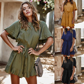 Ежедневна дамска къса рокля с къс широк ръкав и овално деколте 