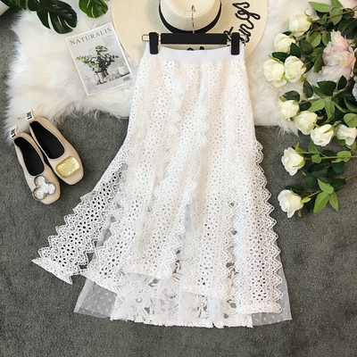 Пролетна дамска пола с висока талия, дантела и тюл