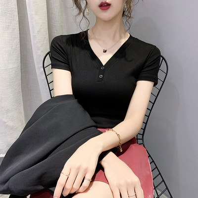 Дамска ежедневна тениска с копчета и къс ръкав