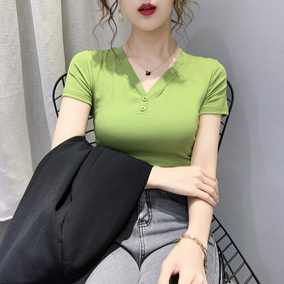 Дамска ежедневна тениска с копчета и къс ръкав