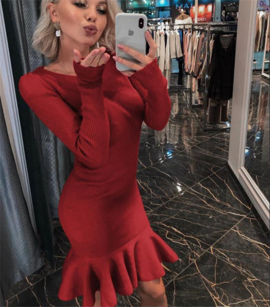 Ежедневна дамска къса рокля Slim модел с дълъг ръкав 