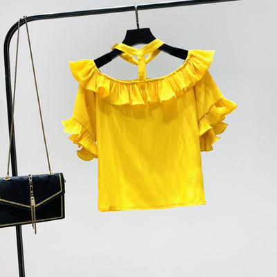 Нов модел дамска блуза с голи рамене и къс ръкав в жълт цвят