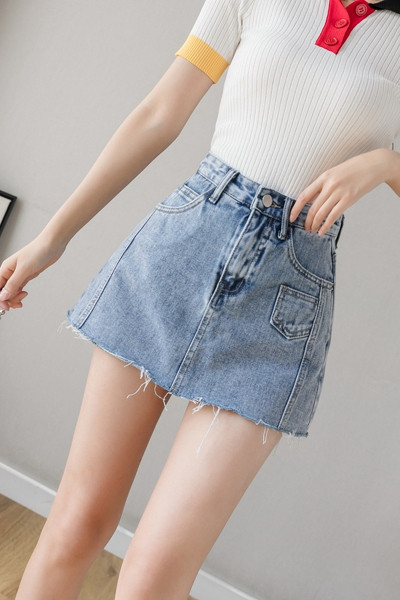 Къса дамска дънкова пола-панталон с висока талия 