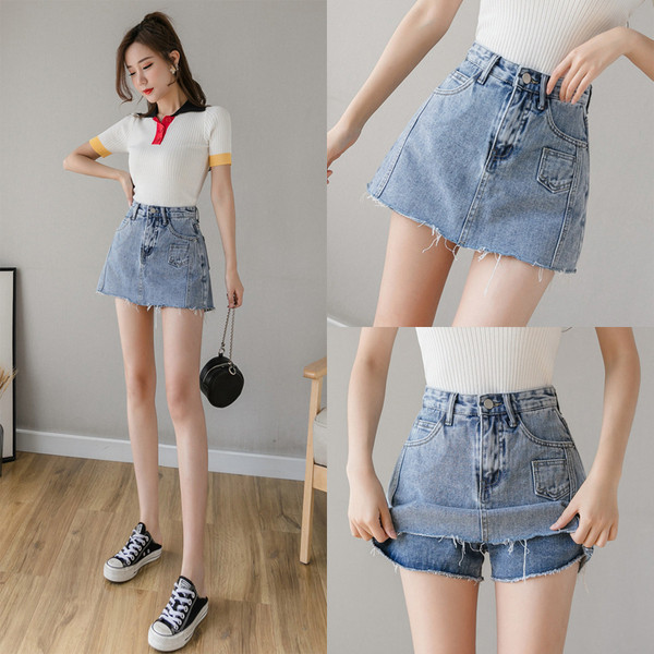 Къса дамска дънкова пола-панталон с висока талия 