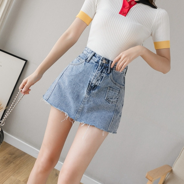 Къса дамска дънкова пола-панталон с висока талия 