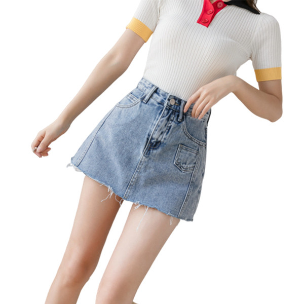 Къса дамска дънкова пола-панталон с висока талия 