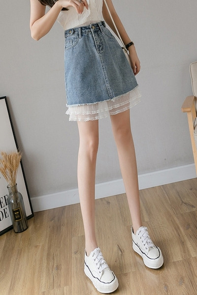 Къса ежедневна дамска пола с висока талия и тюл в син цвят